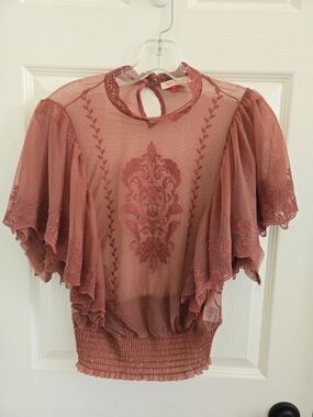 Flutter Sleeve Embroidered Mesh, Sheer Top - Pink Brown, Crop Top, Western, Med.